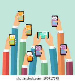 Modern mobile instant messenger chat poster with hands and smartphones vector illustration