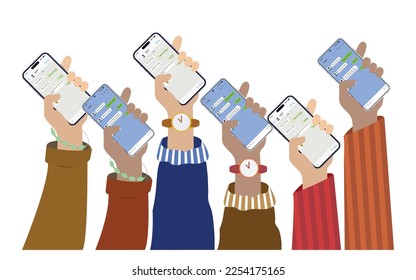 Afiche moderno de chat de mensajería instantánea móvil con manos y smartphones. Ilustración vectorial de los teléfonos inteligentes con celda de retención de manos de grupo.