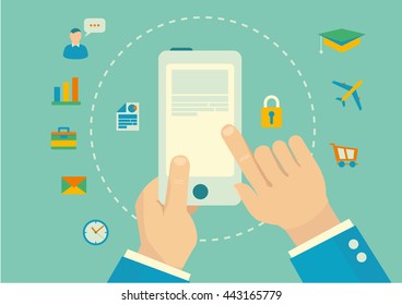 Modern mobile internet device flat design hands using apps, screen and icons