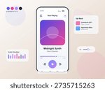 A modern mobile music player interface design featuring a sleek smartphone screen with playback controls, an audio visualizer, and a soft pastel color palette on a light background.