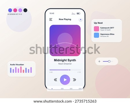 A modern mobile music player interface design featuring a sleek smartphone screen with playback controls, an audio visualizer, and a soft pastel color palette on a light background.