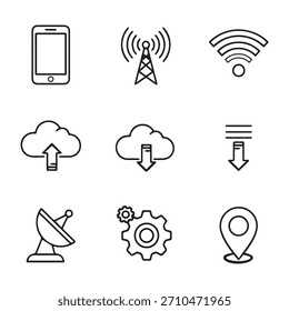 Modernos Ícones de Linha de Rede Móvel. Conjunto de sinais minimalistas e símbolos de conectividade para dados celulares, Wi-Fi, 5G e interfaces de tecnologia digital.