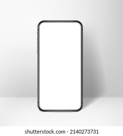 Modern Mobile Phone With Blank Screen Standing On A Table. 3d Vector Mockup