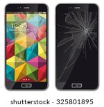Modern mobile phone with broken glass - Illustration
Realistic modern mobile phone with broken screen. Isolated on white. Shadow, screen, buttons, text etc. are on the own layers, easy to work with.