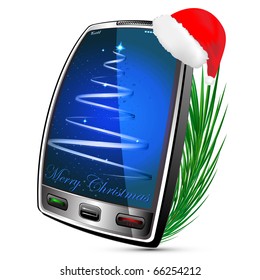 Modern mobile phone and cap of Santa Claus on a pure background