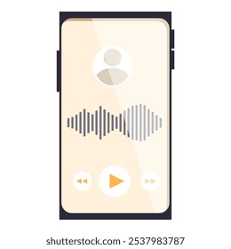 Teléfono móvil moderno que muestra una interfaz de App de grabación de audio, con Botones de forma de onda, reproducción, pausa, avance y rebobinado
