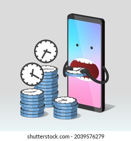 Modern Mobile Phone Is Eating Stylized Clocks With Different Time On Clock Faces. Concept Of Wasting Time When Using Smartphone