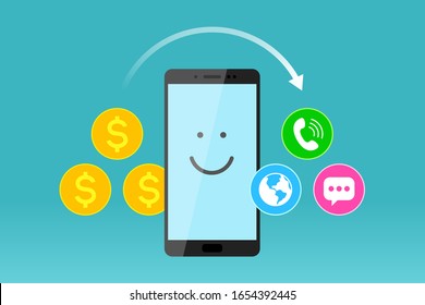 Modern mobile phone, gold coins with dollar symbols, icons of call, sms and network services and white arrow above. Concept of subscription fee and service payments, smartphone expenses