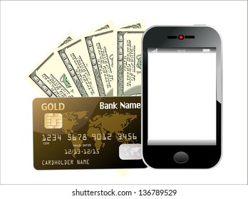 Modern mobile phone with hundred dollar bills and  credit card. Illustration of mobile payment concept. Isolated on white.