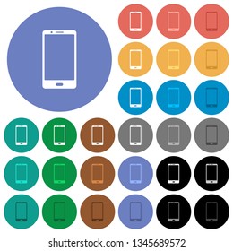Modern mobile phone with one button multi colored flat icons on round backgrounds. Included white, light and dark icon variations for hover and active status effects, and bonus shades.