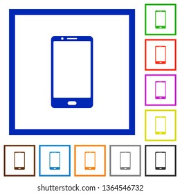 Modern mobile phone with one button flat color icons in square frames on white background