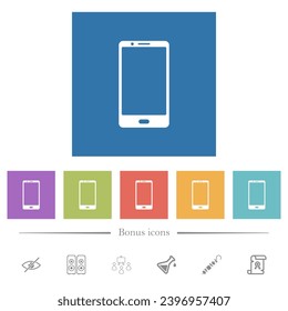 Modern mobile phone with one button flat white icons in square backgrounds. 6 bonus icons included.