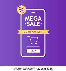 Modernes Handy Online-Shopping 70% Rabatt Superverkauf Banner Vorlage. Digital App Marketing E-Commerce Konzept. Violett-violetter goldener Hintergrund.