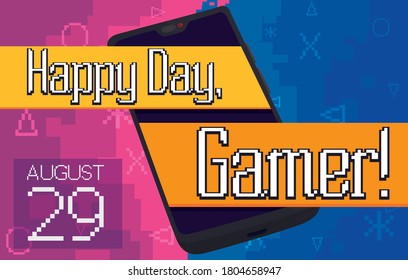 Modern mobile phone over 8-bits background reminding at you vintage games during Gamer Day celebration in August 29.