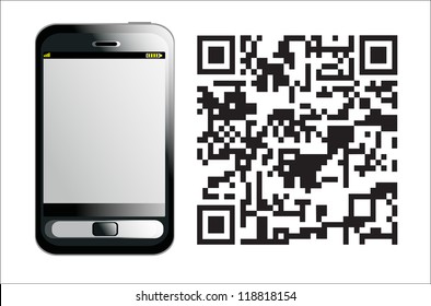 Modern Mobile phone with QR Code on a white background.