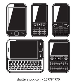 Modern mobile phone set. With QWERTY keyboard, Touchscreen and slider. design concept Black and white vector icon