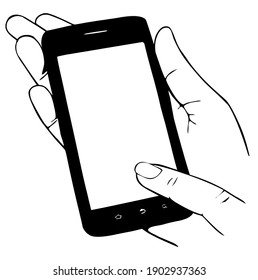 Modern mobile phone, smartphone (black color), held in right hand silhouette, symbol, vector illustration, in black and white color, isolated on white background