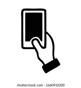 Modern Mobile Phone, Smartphone, Held In Right Hand Vertically Silhouette, Symbol, Outline, Vector Illustration, In Black And White Color, Isolated On White Background