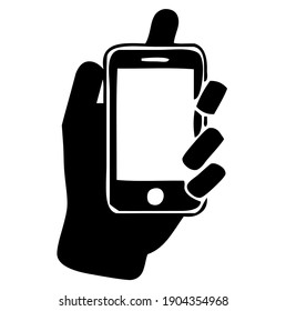 Modern mobile phone, smartphone, held in left hand vertically silhouette, symbol, vector illustration, in black and white color, isolated on white background