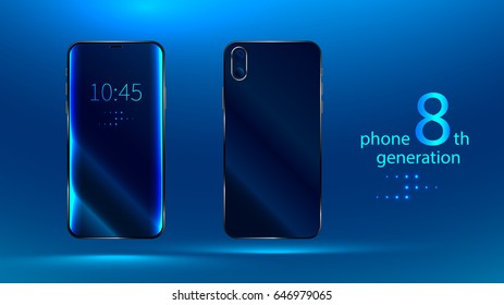 Modern mobile phone or a smartphone of the latest 8 th generation. Front view and rear view. The touchscreen and camera. Blank empty mock up. Vector realistic illustration