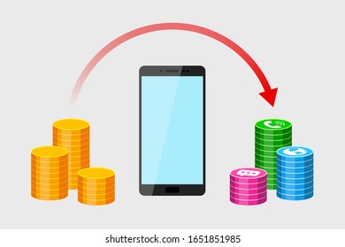 Teléfono móvil moderno, pila de monedas de oro, iconos de llamada, sms y servicios de red y flecha roja arriba. Concepto de pago por suscripción y servicio, gastos de teléfono inteligente