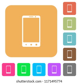 Modern mobile phone with three button flat icons on rounded square vivid color backgrounds.