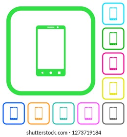 Modern mobile phone with three button vivid colored flat icons in curved borders on white background