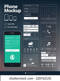 Modern mobile phone user interface elements kit for mobile apps development, websites design or other mockups. Vector graphic set on blurred background