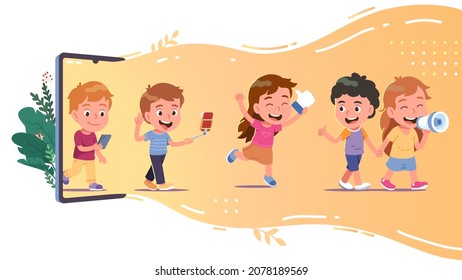 Modern Mobile Social Communication Platforms Concept Illustration. Happy Kids Using Online Apps, Networks, Services Walk Out Of Smart Mobile Cell Phone, Take Selfie, Record Video, Get Feedback, Shout