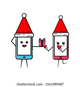 A modern mobile in the style of a flat design complete with Christmas hats and gloves, with cute and funny expression