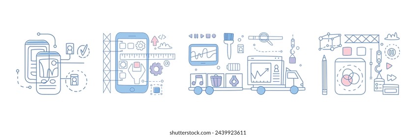 Tecnología móvil moderna y aplicación para el conjunto de vectores de desarrollo de teléfonos inteligentes