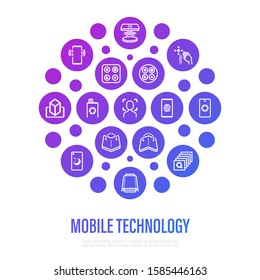 Modern mobile technology concept in circle shape. Thin line icons. Foldable smartphone, face recognition, curved edges, sliding front camera, vr, deep photo analysis. Vector illustration