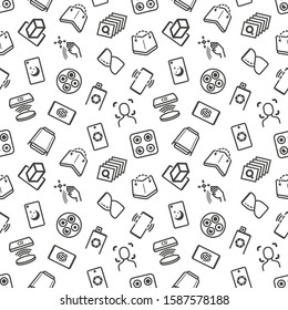 Modern mobile technology seamless pattern with thin line icons. Foldable smartphone, face recognition, curved edges, gesture sensor, sliding front camera, deep photo analysis. Vector illustration.