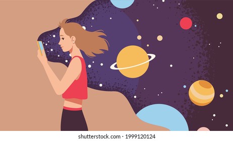 Modern mobile technology smart education concept. Positive young woman looking at cell phone screen window seeing universe space, cosmos, world planets and stars. Flat vector character illustration