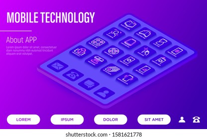 Modern mobile technology web page template. Buttons on tablet with thin line isometric icons. Foldable smartphone, face recognition, sliding front camera, vr, deep photo analysis. Vector illustration.