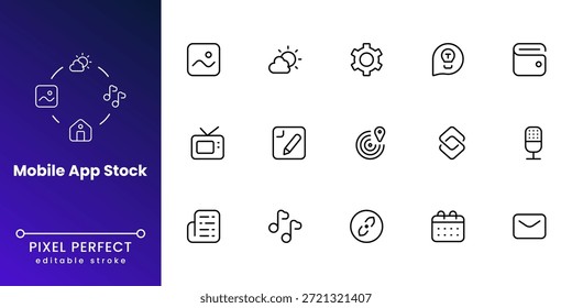 Conjunto de iconos de interfaz de usuario móvil moderno con estilo de Vector de línea limpia, ideal para paneles de App, interfaces de Web, sistemas de software, presentaciones y productos digitales.