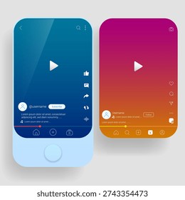 Modern mobile UI template for short video social media platform featuring vertical video player, like, comment, share icons, profile section, and engagement buttons