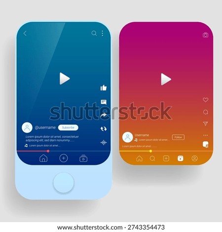 Modern mobile UI template for short video social media platform featuring vertical video player, like, comment, share icons, profile section, and engagement buttons