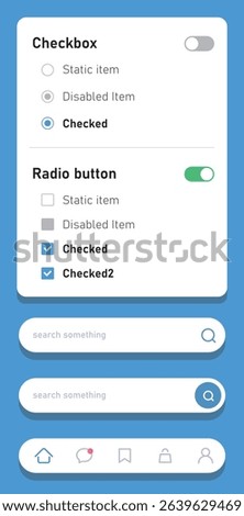 Modern mobile user interface design featuring checkbox, radio button, toggle switch, and search input elements. Flat UI components displayed in a blue mobile frame, ideal for UXUI design presentation