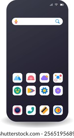 A modern mobile user interface template featuring a prominent search bar and a grid of vibrant, colorful app icons on a sleek dark background