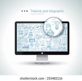 Modern Mockup Device with infographics sketch set: design elements isolated, vector shapes. It include lots of icons included graphs, stats, devices,laptops, clouds, concepts and so on.
