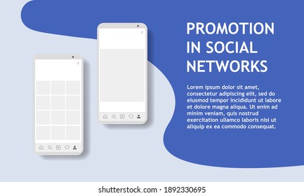 Modern mockup for marketing advertising design. Phone social networks. Promotion in social media. Banner with carousel interface post. Vector illustration for presentation, user profile.