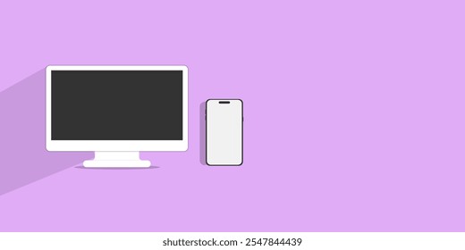 Modern mockup with text space background, smartphone and tablet mockup isolated on purple background. computer mockup and phone device mockup for ui ux app and website presentation.Stock Vector.