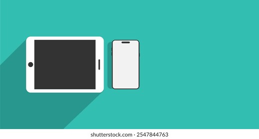 Modern mockup with text space background, smartphone and tablet mockup isolated on green tosca background. computer mockup and phone device mockup for website presentation.Stock Vector.