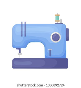 Modern model of sewing machine in blue color isolated on white background