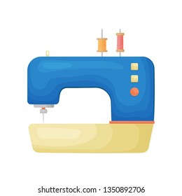 Modern model of sewing machine in red with push button controls isolated on white background