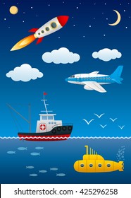 Modern modes of transport. Moving in various environments. Science and technology. Vector Image.