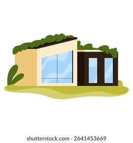 Modern modular eco-house with green roof, wood paneling, and panoramic windows. Tiny house, sustainable architecture concept. Flat vector illustration in cartoon style.

