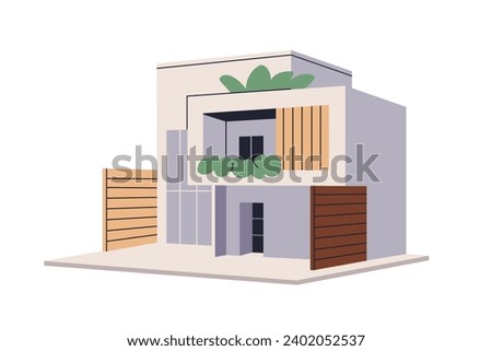 Modern modular house architecture. Contemporary villa exterior. Trendy construction, outdoor view. Residential building, home, real estate. Flat vector illustration isolated on white background