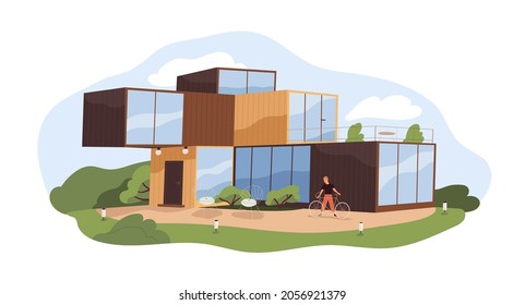 Modern modular house and person outside. Exterior of wood and glass container home in nature. Residential building, trendy mansion. Colored flat vector illustration isolated on white background